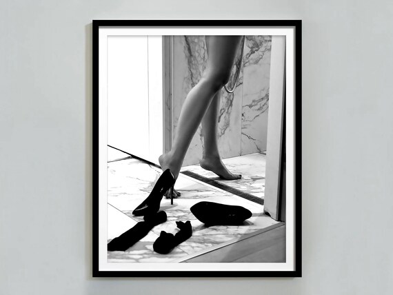 Woman Leaving Marble Shower High Heels Black and White Photo Poster
