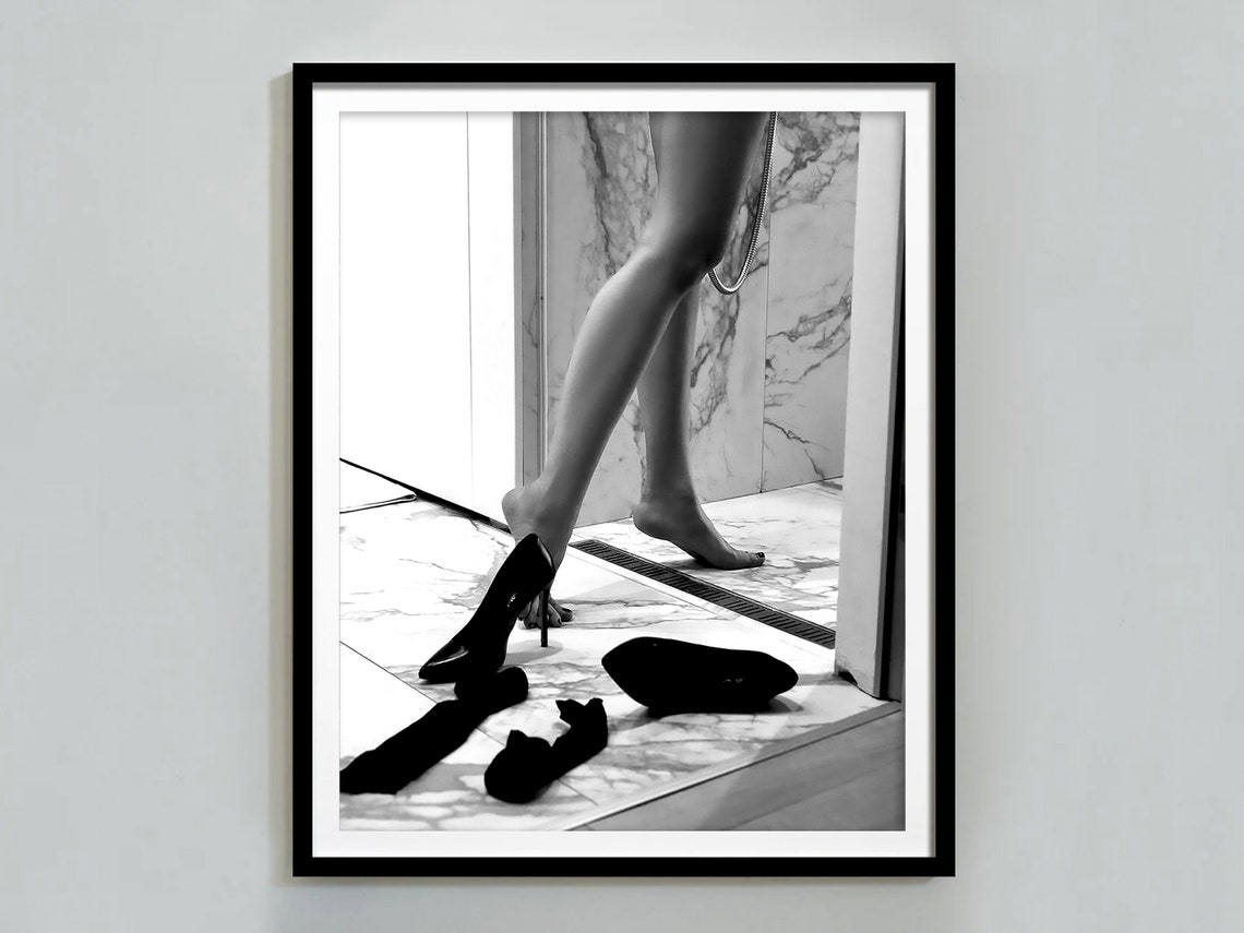 Woman Leaving Marble Shower High Heels Black and White Photo Poster