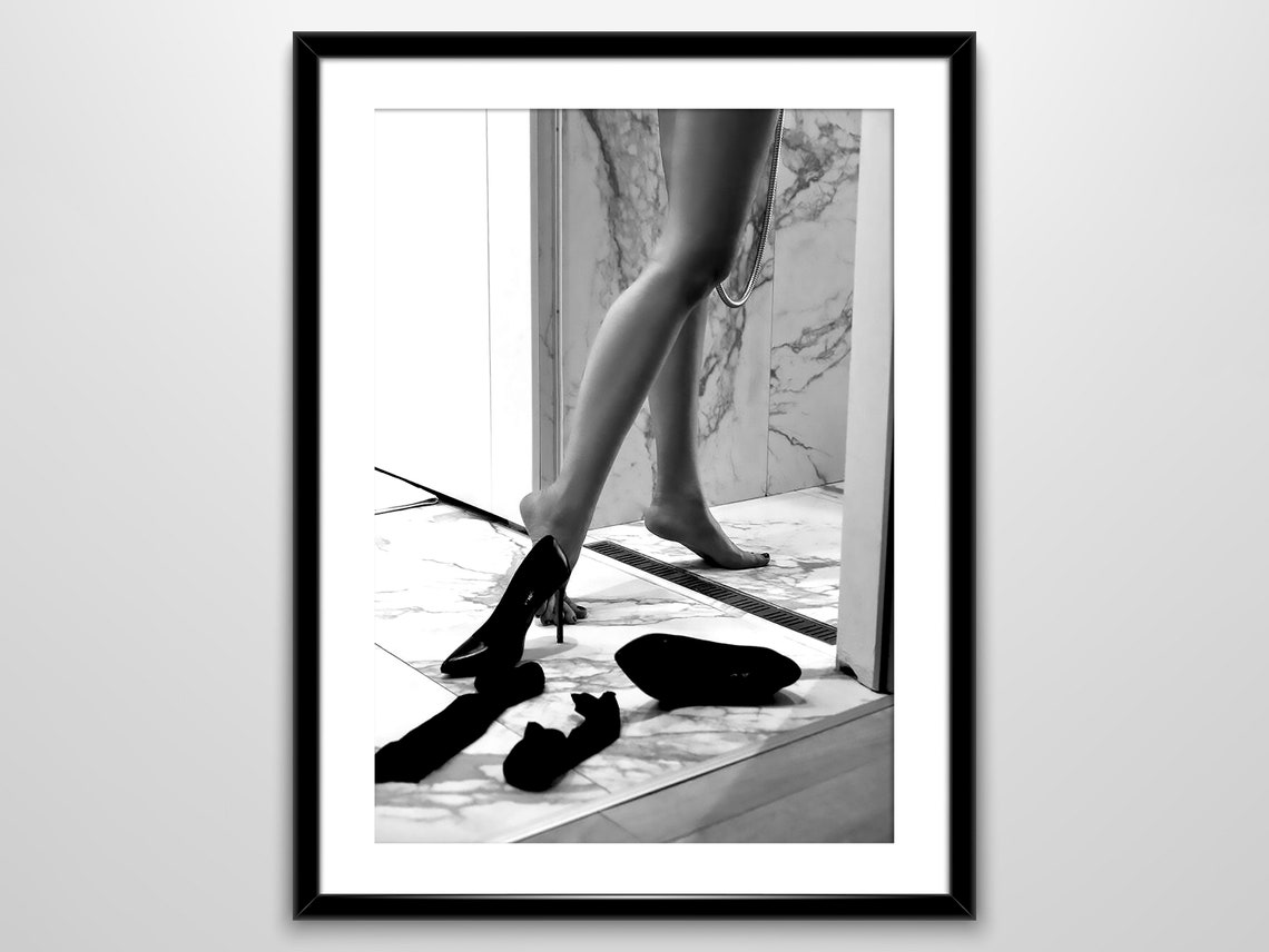 Woman Leaving Marble Shower High Heels Black and White Photo Poster - Image 4