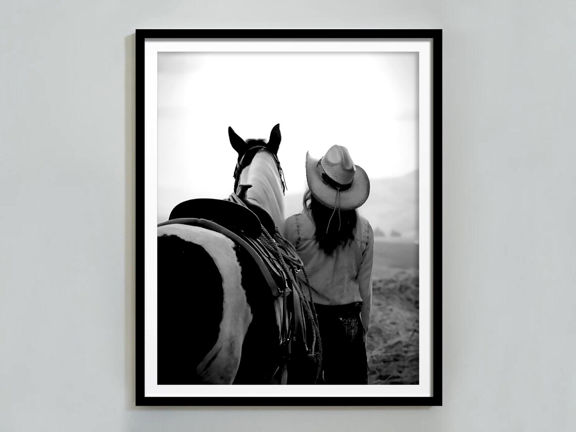 Cowgirl With Horse Mountain Landscape Black And White Art Poster