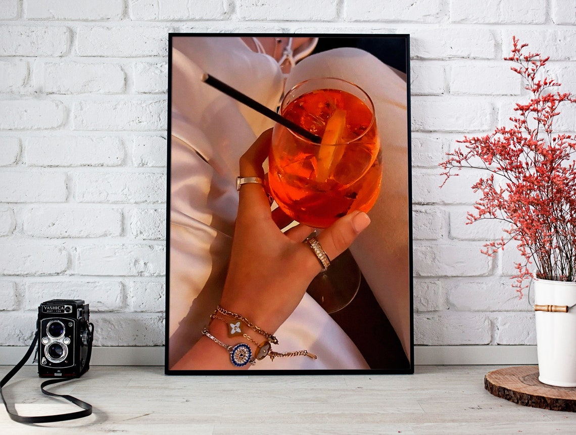 Aperol Spritz Cocktail in Hand Close Up Bar Cart Photo Poster - Image 2