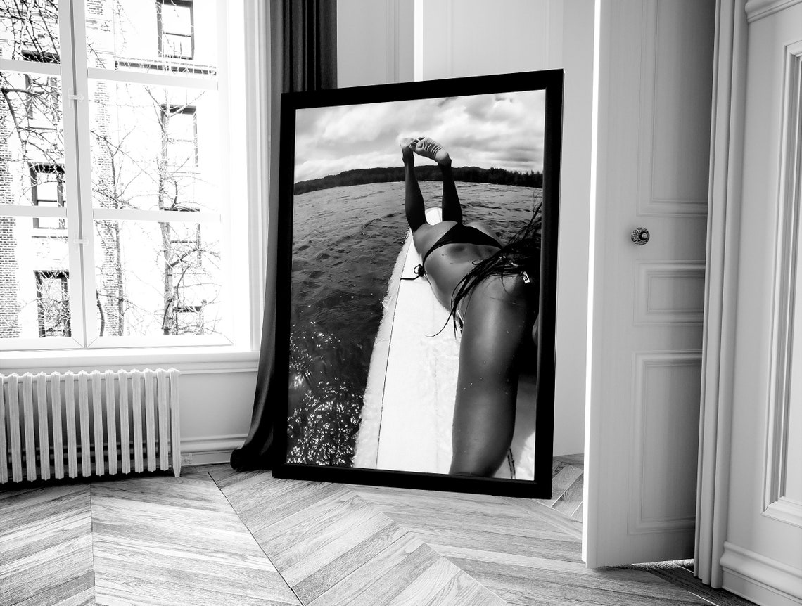 Woman Lying on Surfboard in the Ocean Black and White Surf Poster - Image 4