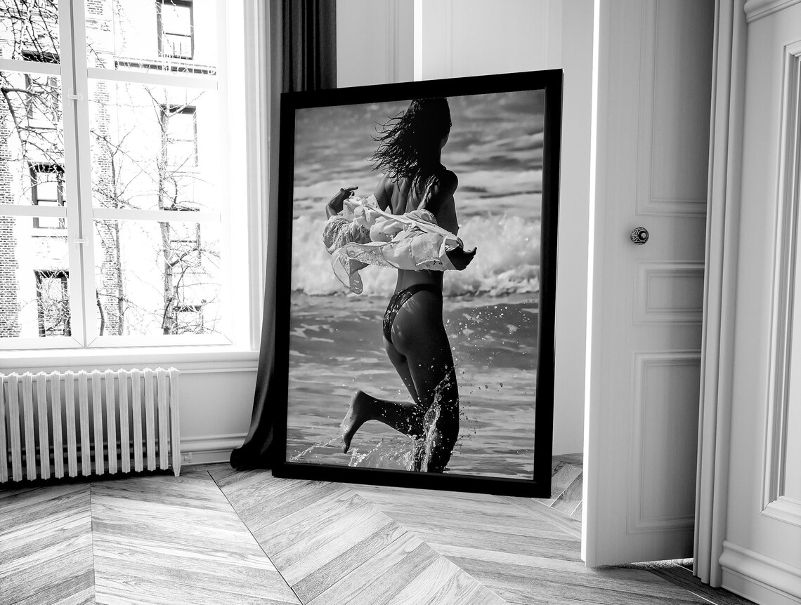 Woman Running Beach Waves Black And White Swimsuit Cover Up Poster - Image 4
