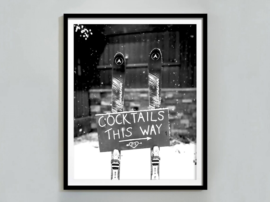 Cocktails This Way Vintage Ski Poster, Retro Skiing