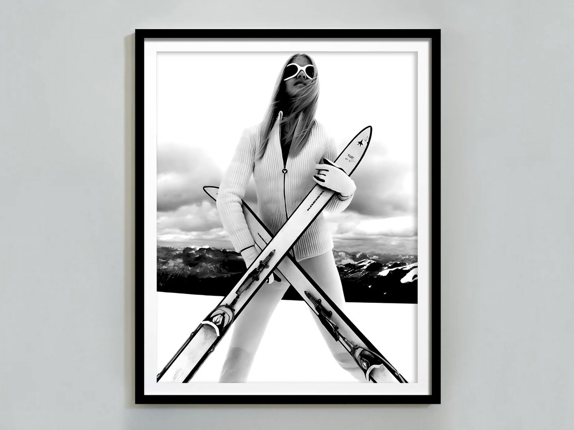 Vintage Woman Ski Poster Black And White Vintage Photo Fashion Print Skiing Wall Art Ski Lodge Wall Decor Winter Wall Art