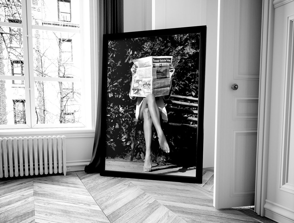 Woman Hiding Behind Newspaper On Park Bench Black And White Poster - Image 4