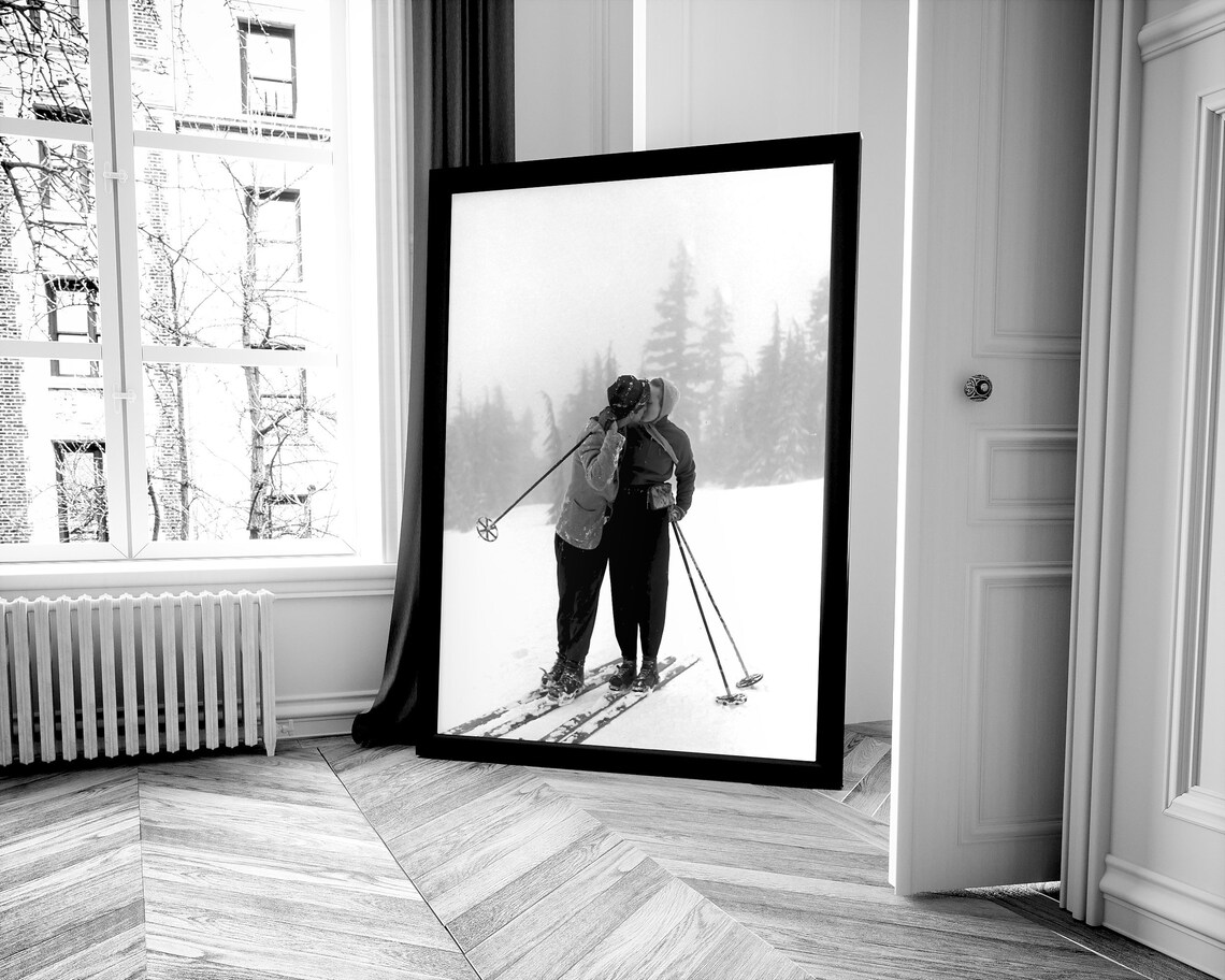 Vintage Couple Kissing On Skis In Snowy Forest Black White Poster - Image 4