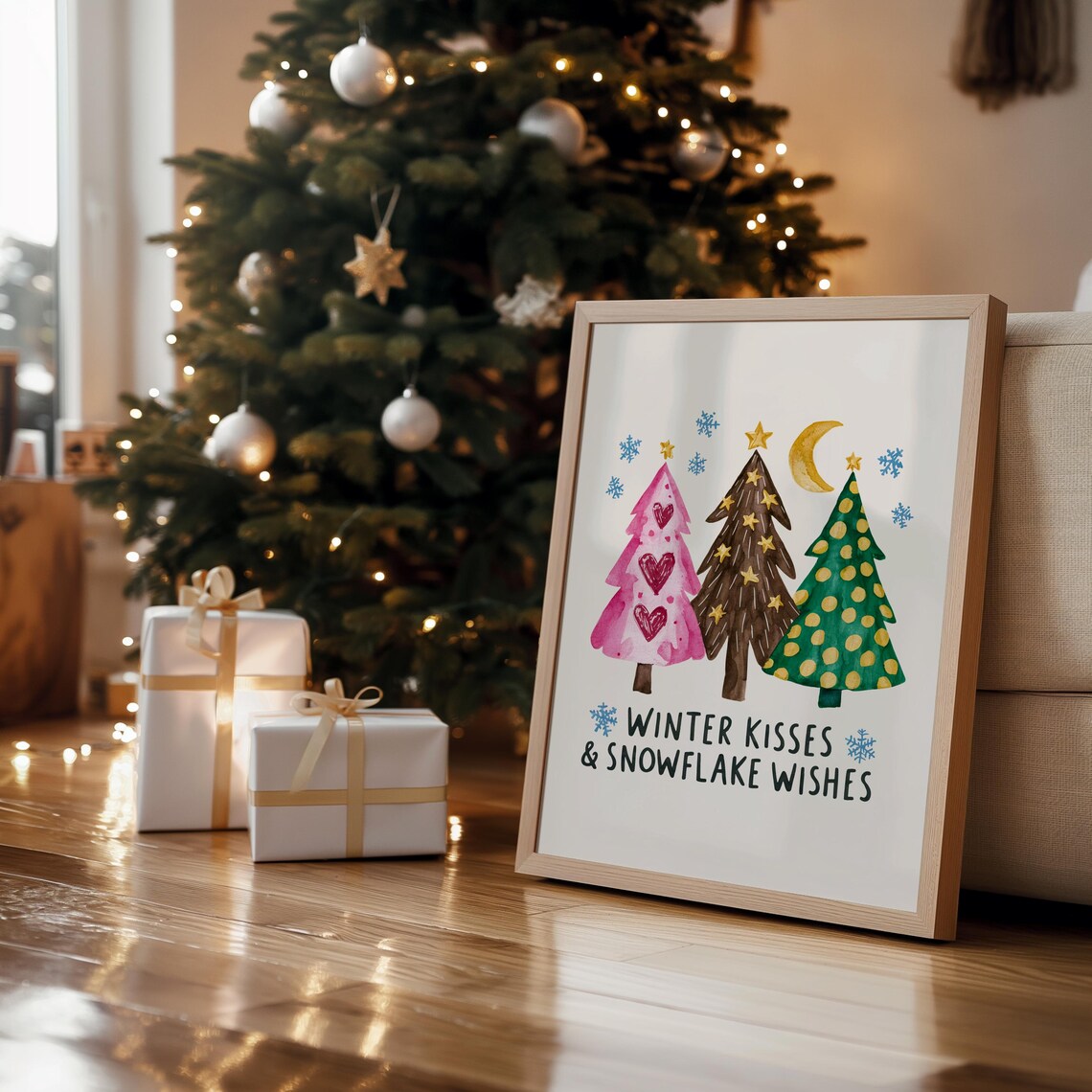 Winter Kisses and Snowflake Wishes Colorful Christmas Trees Poster - Image 2