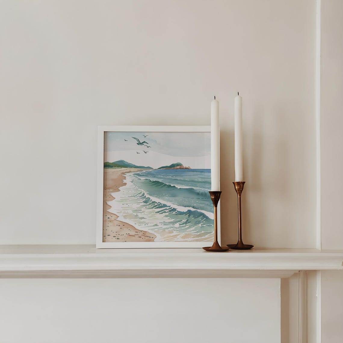Muted Watercolor Beach Waves With Seagulls Coastal Beach Poster - Image 3