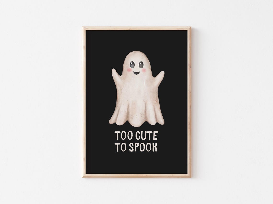 Too Cute to Spook Smiling Ghost Black Cute Halloween Quote Poster - Image 5