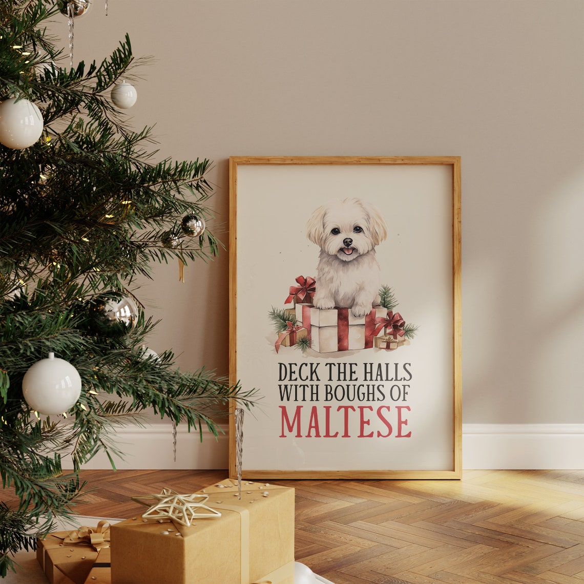 Deck The Halls With Boughs Of Maltese Christmas Pet Print Christmas Dog Print Funny Dog Print Funny Christmas Decor Maltese Dog Painting - Image 4