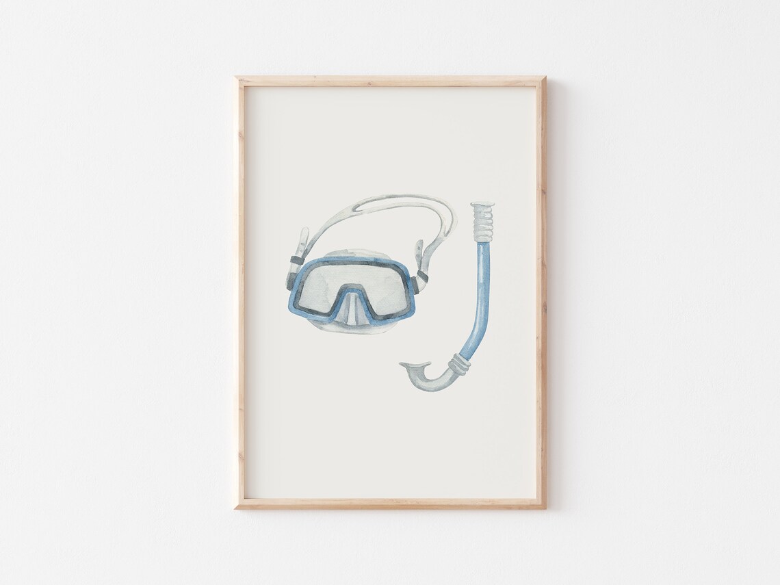 Watercolor Blue Snorkel Mask and Snorkel Fresh Coastal Beach Art Poster - Image 3