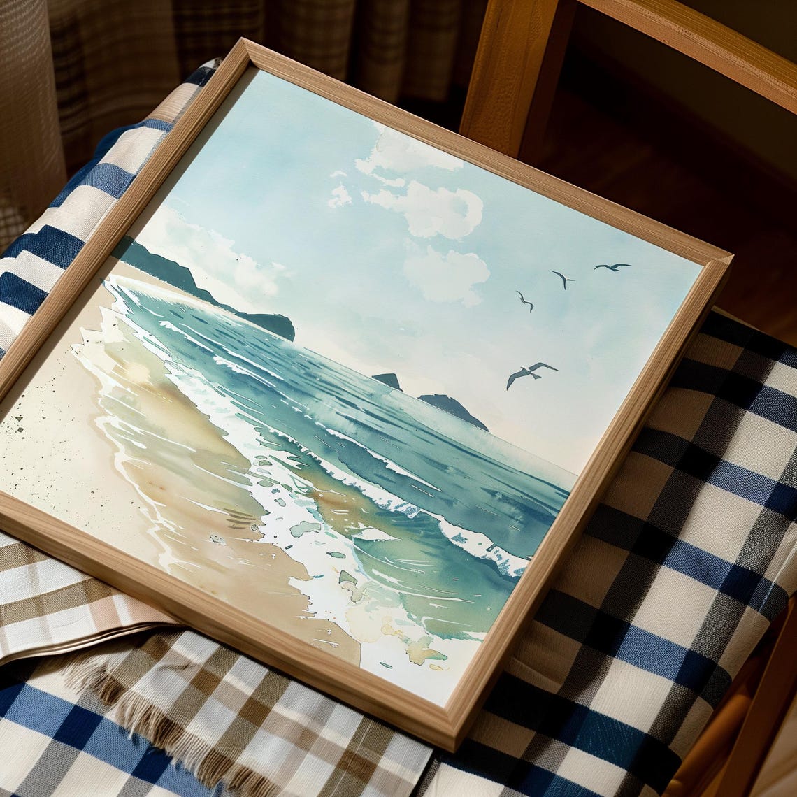 Soft Neutral Beach Shoreline With Distant Islands Watercolor Poster - Image 4