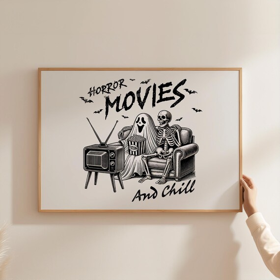 Horror Movies And Chill Ghost Skeleton White Halloween Poster