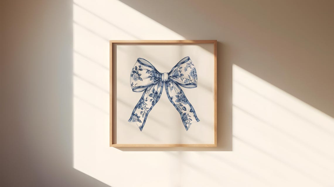 Blue and White Chinoiserie Floral Bow Elegant Balletcore Poster - Image 3