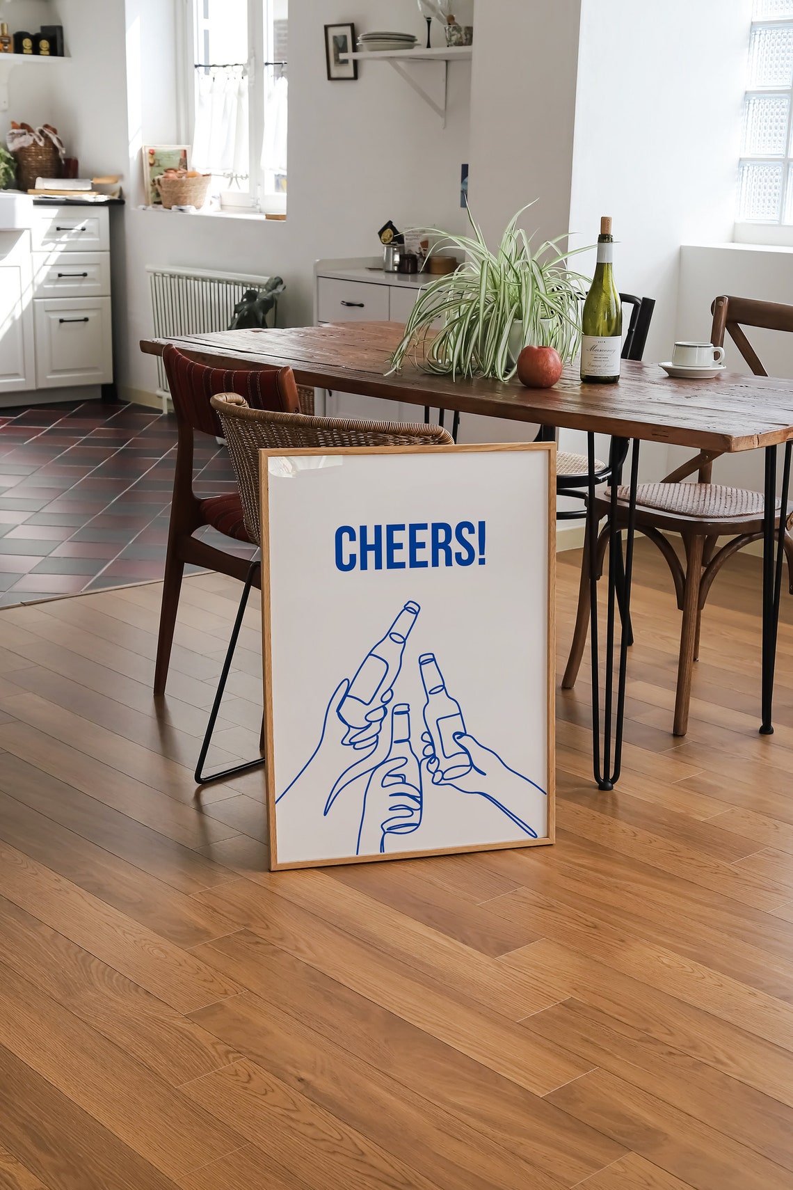 Cheers Blue Line Art Beer Bottles Minimalist Kitchen Bar Poster - Image 3