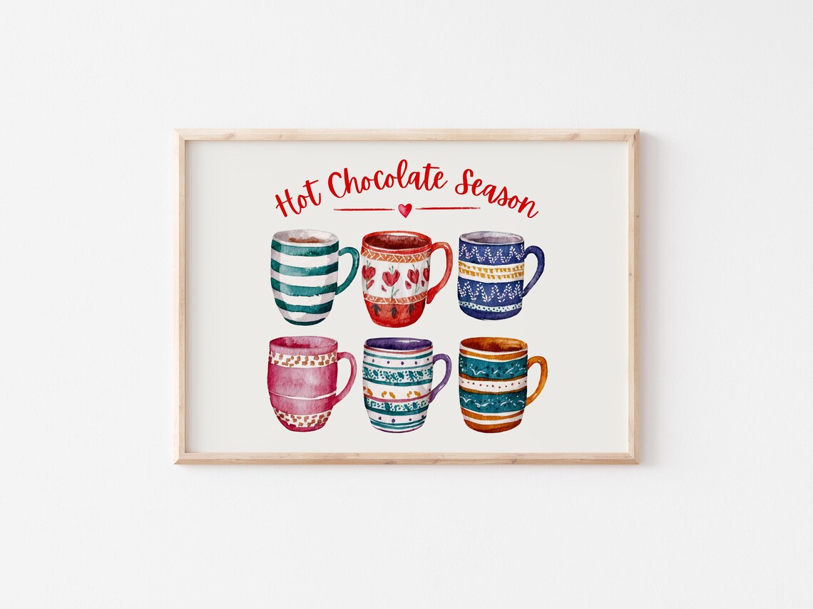 Hot Chocolate Season Watercolor Mugs Festive Holiday Kitchen Wall Art - Image 2