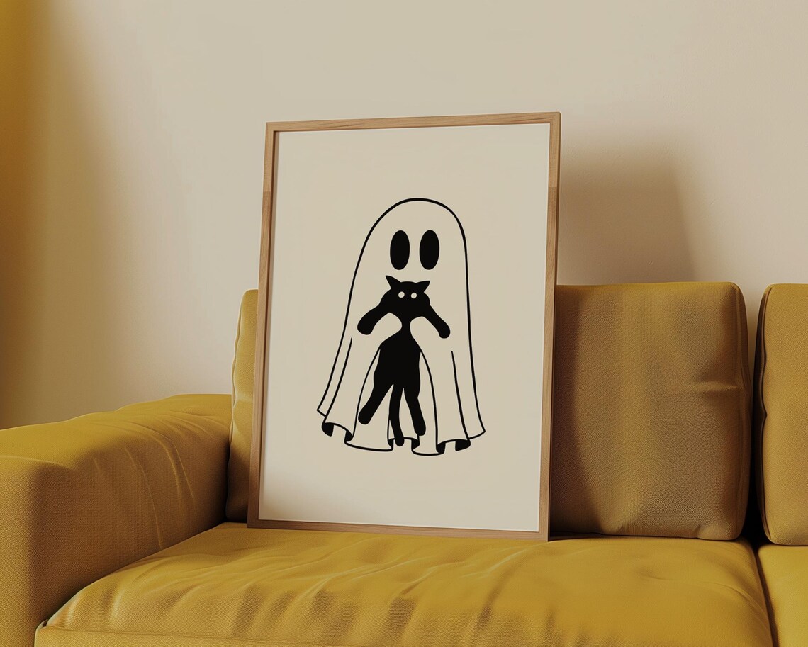 Ghost With Black Cat Halloween Prints Halloween Printables Cute Halloween Prints Ghost Cat Art Quirky Halloween Decor - Image 4