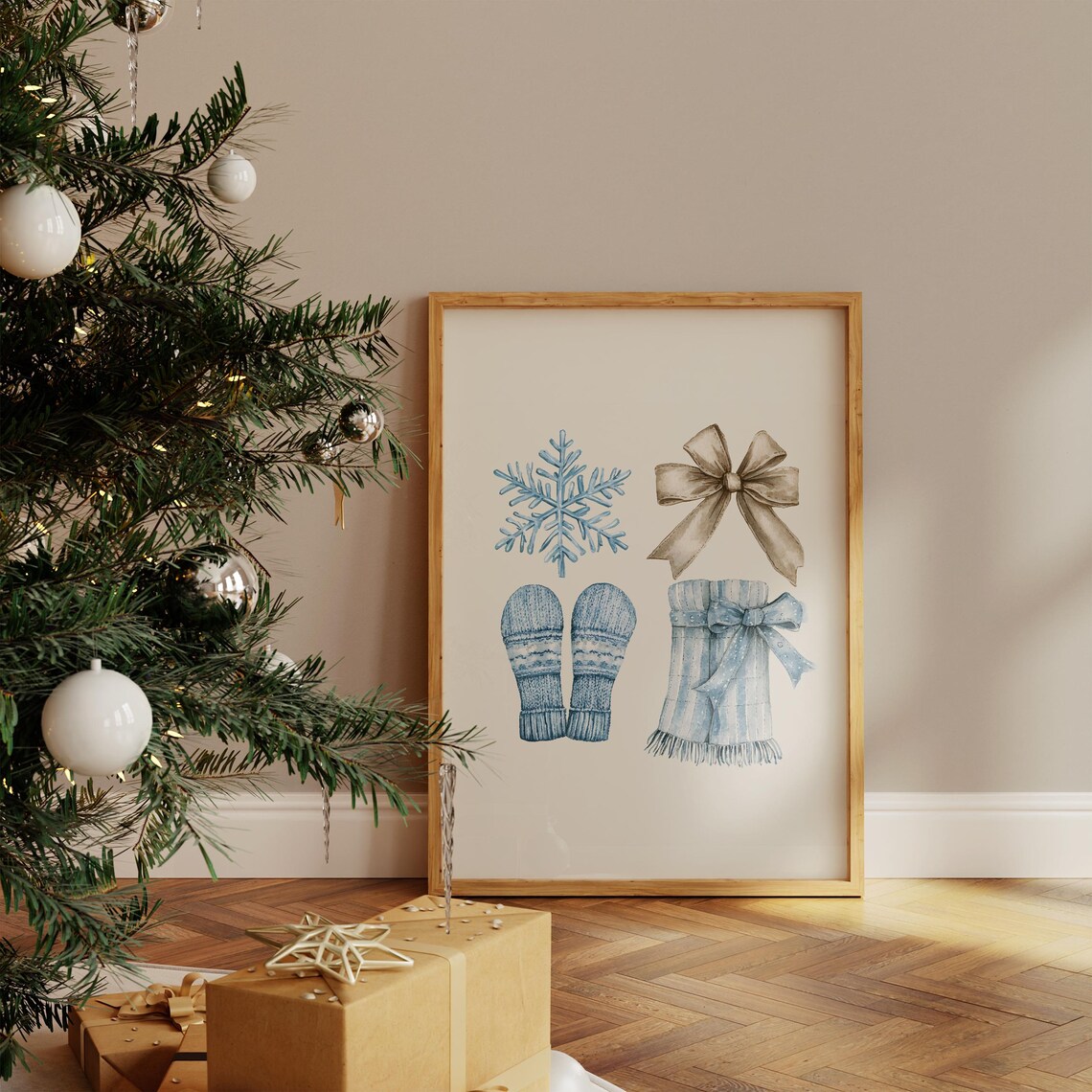 Blue Christmas Snowflake Mittens Scarf Winter Watercolor Poster - Image 4