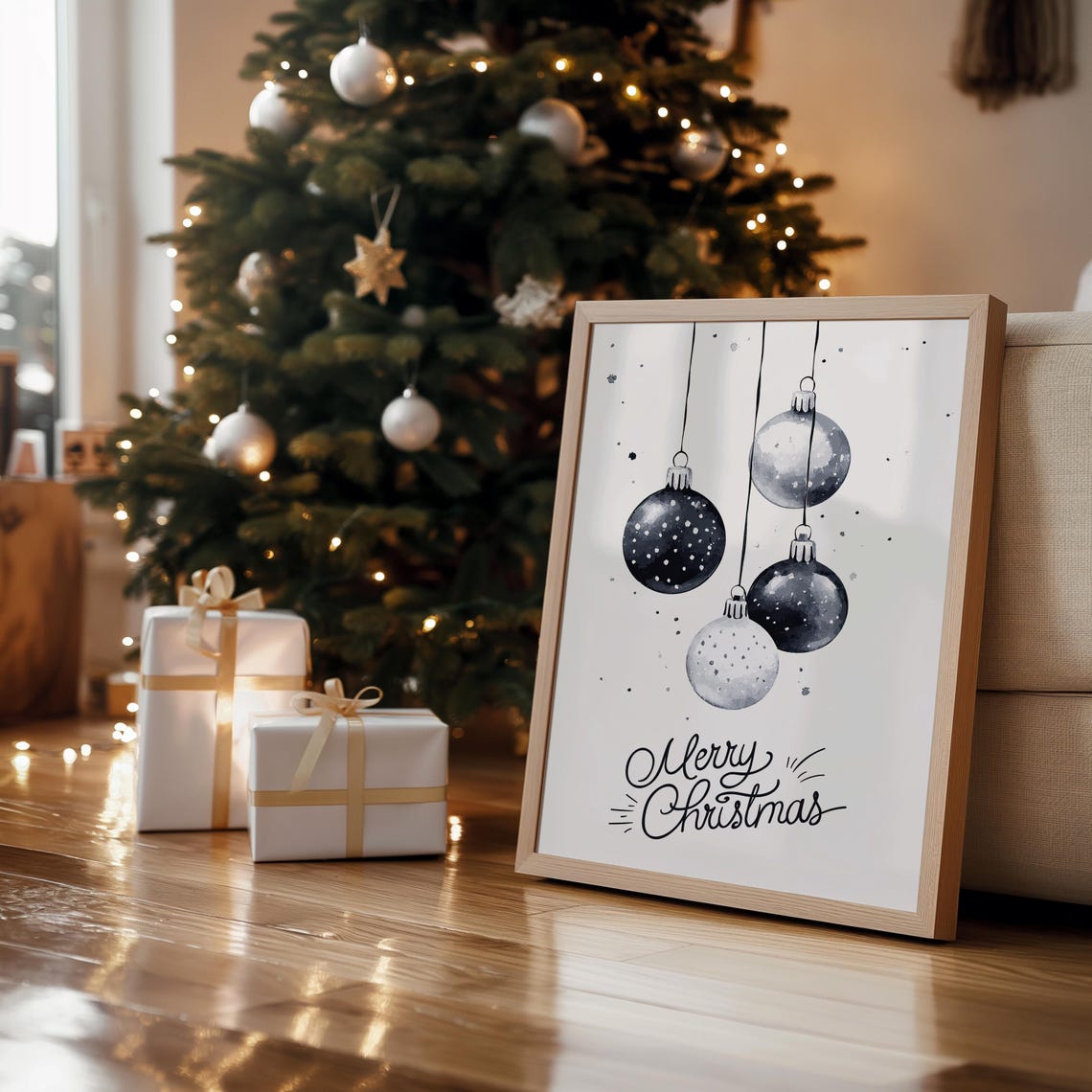 Merry Christmas Black and Silver Bauble Sketch Minimalist Poster - Image 3