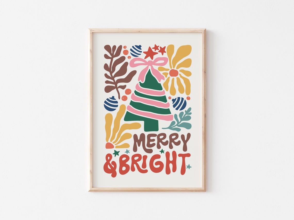 Merry And Bright Pink Retro Christmas Tree Holiday Decor Poster - Image 3