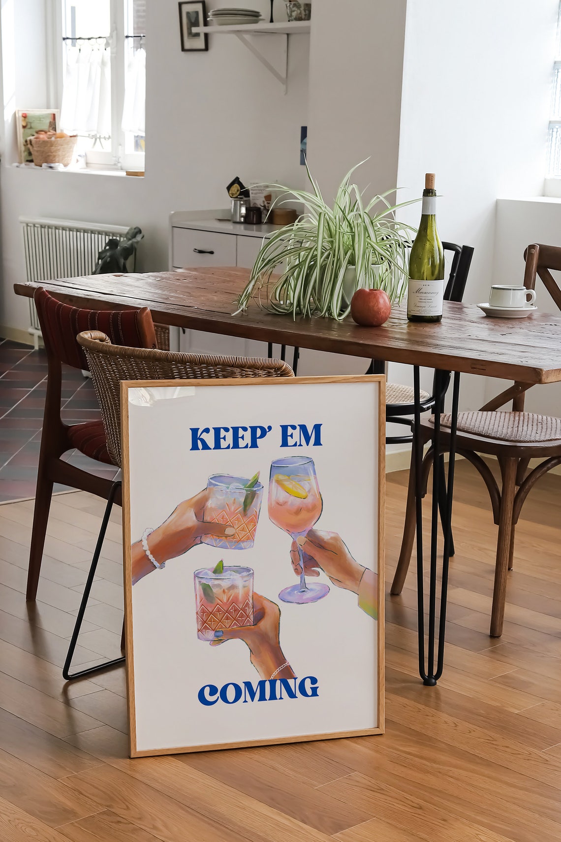 Keep Em Coming Raised Cocktail Hands Blue Text Festive Bar Cart Poster - Image 2