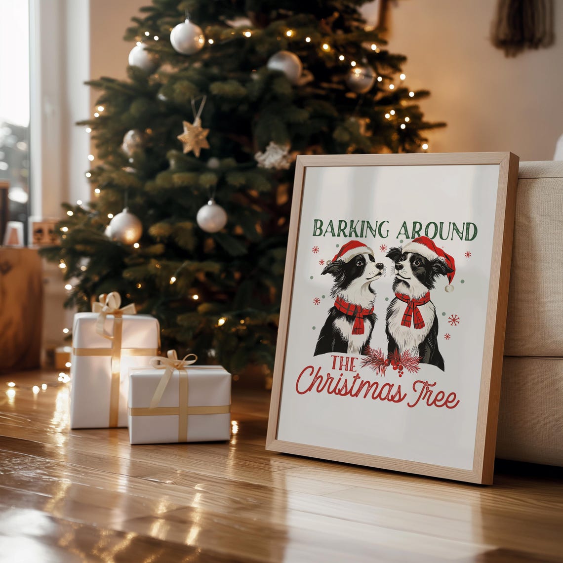 Barking Around the Christmas Tree Border Collie Dog Holiday Poster - Image 3