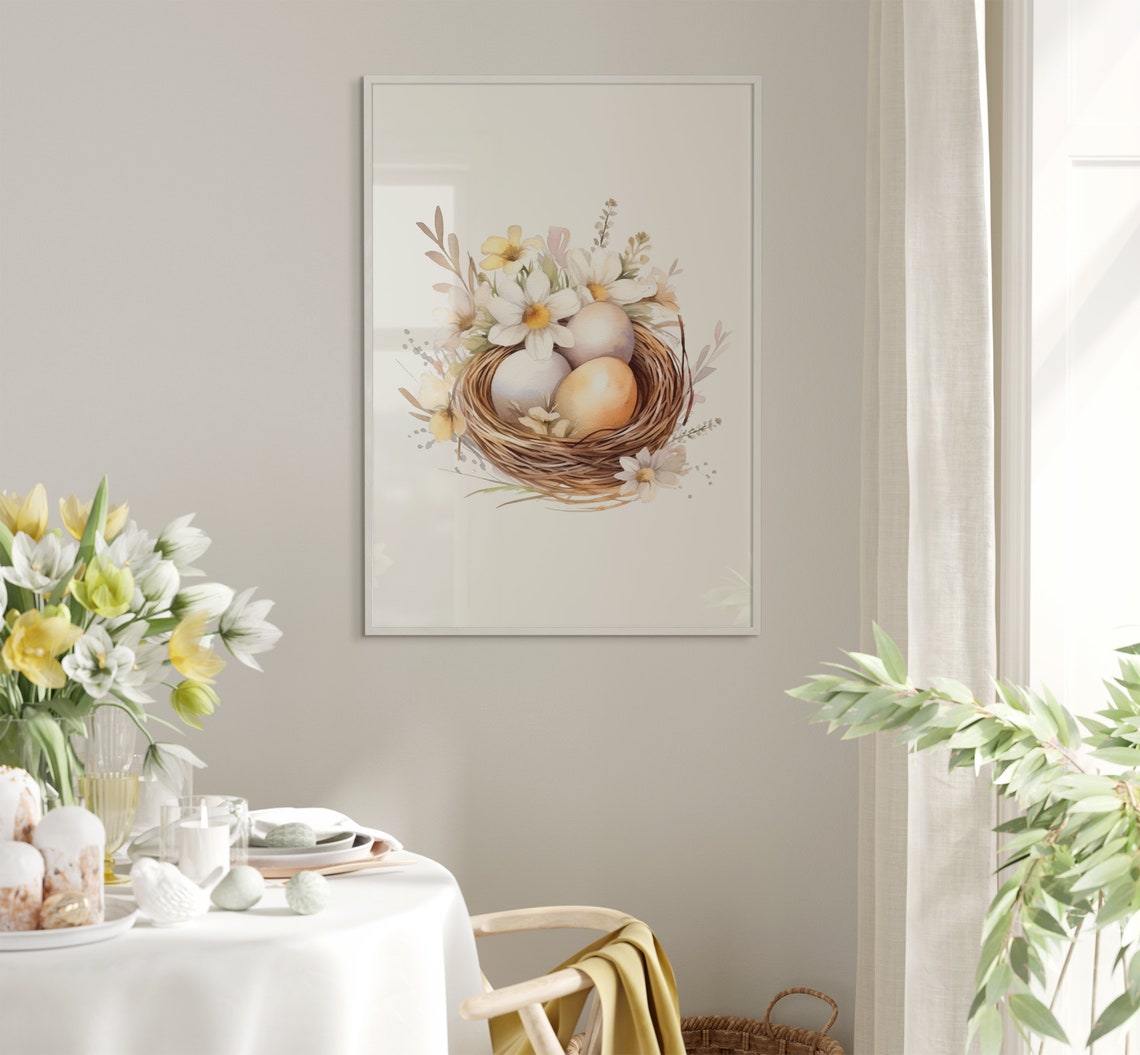 Bird Nest With Eggs And White Daisies Watercolor Easter Poster - Image 5