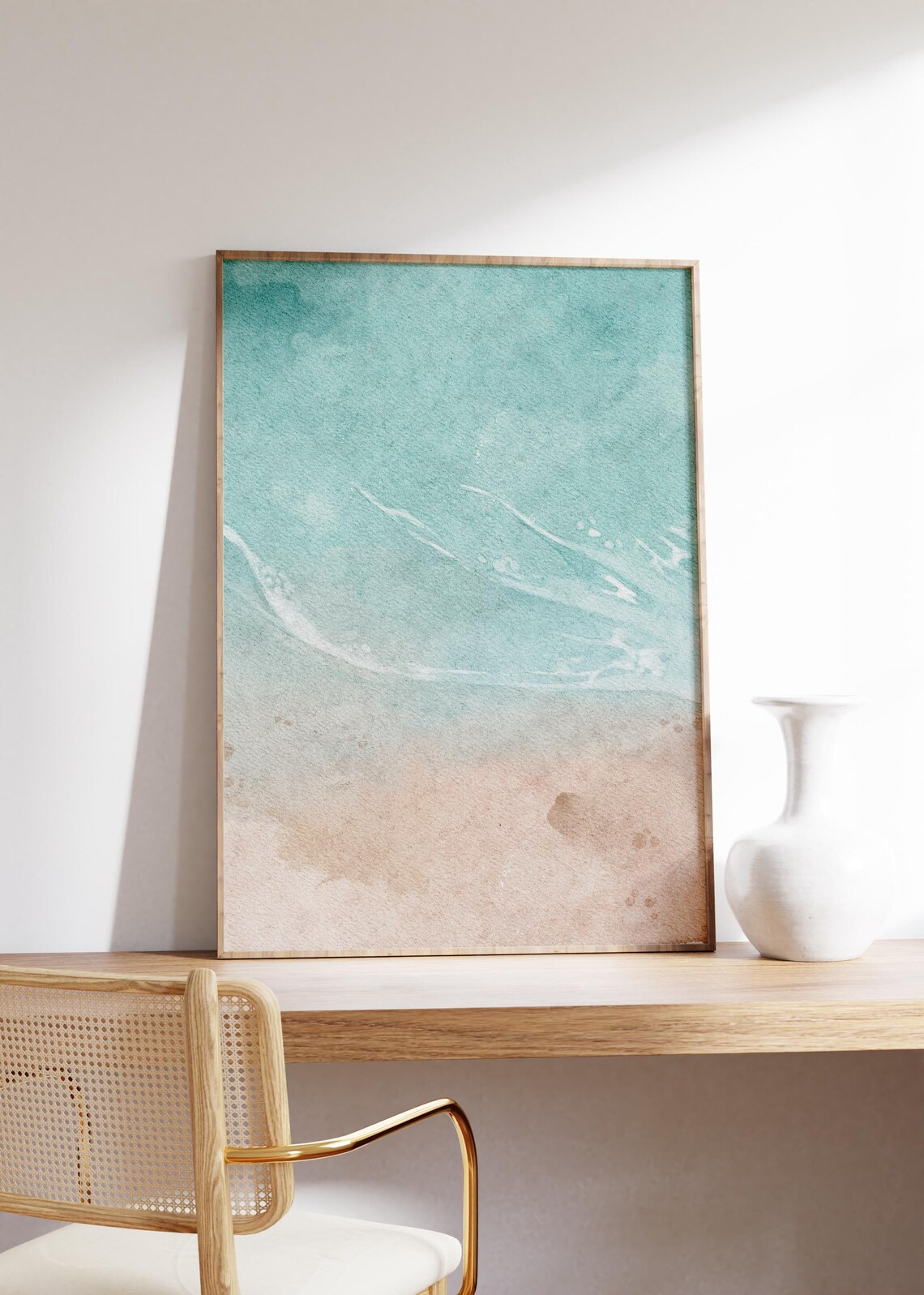 Aerial Turquoise Ocean Waves And Sandy Shore Coastal Watercolor Poster - Image 4