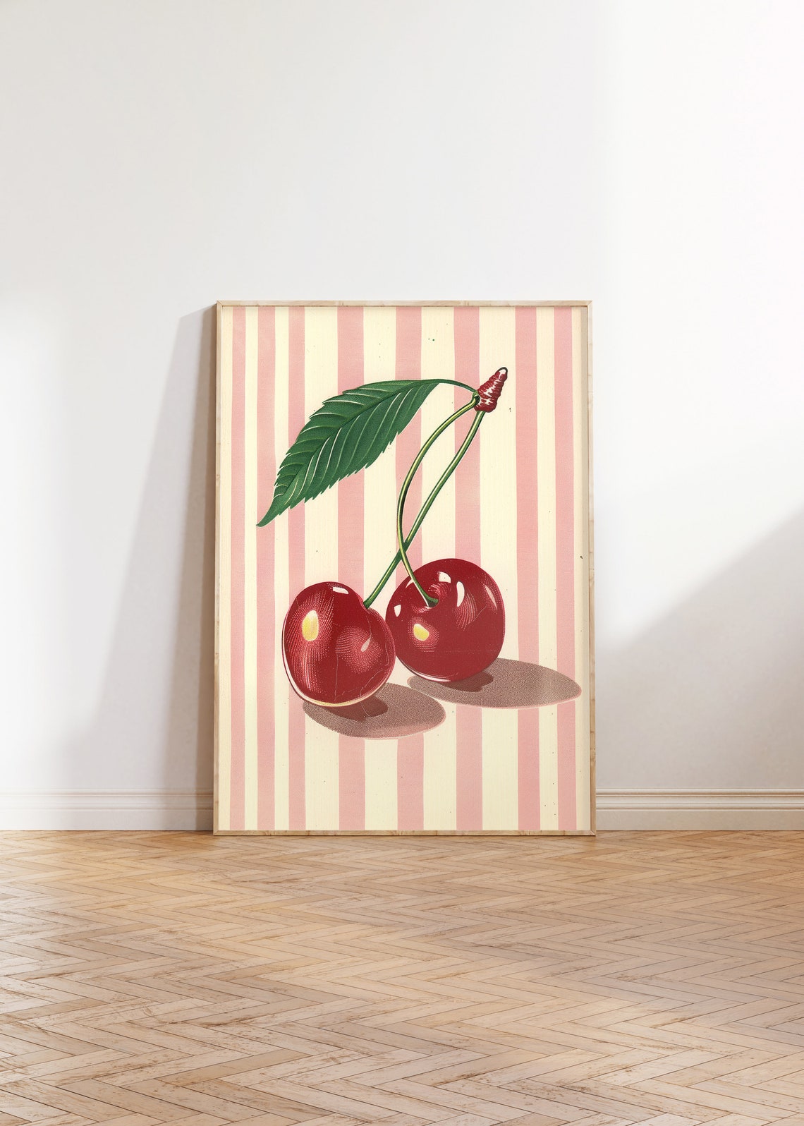 Vintage Cherry Pair Pink Striped Background Retro Art Poster - Image 4