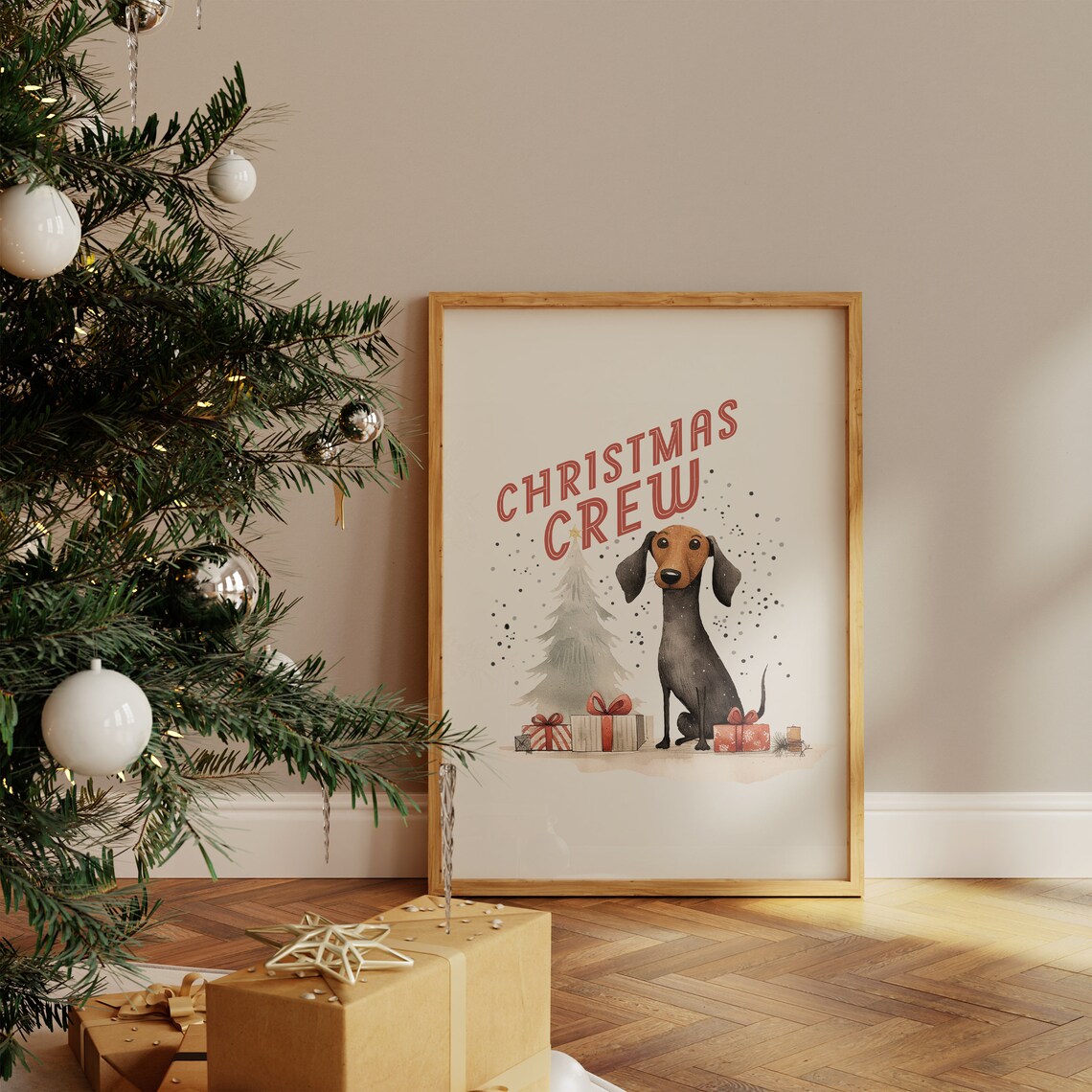 Christmas Crew Watercolor Dachshund Dog Holiday Gift Scene Poster - Image 4