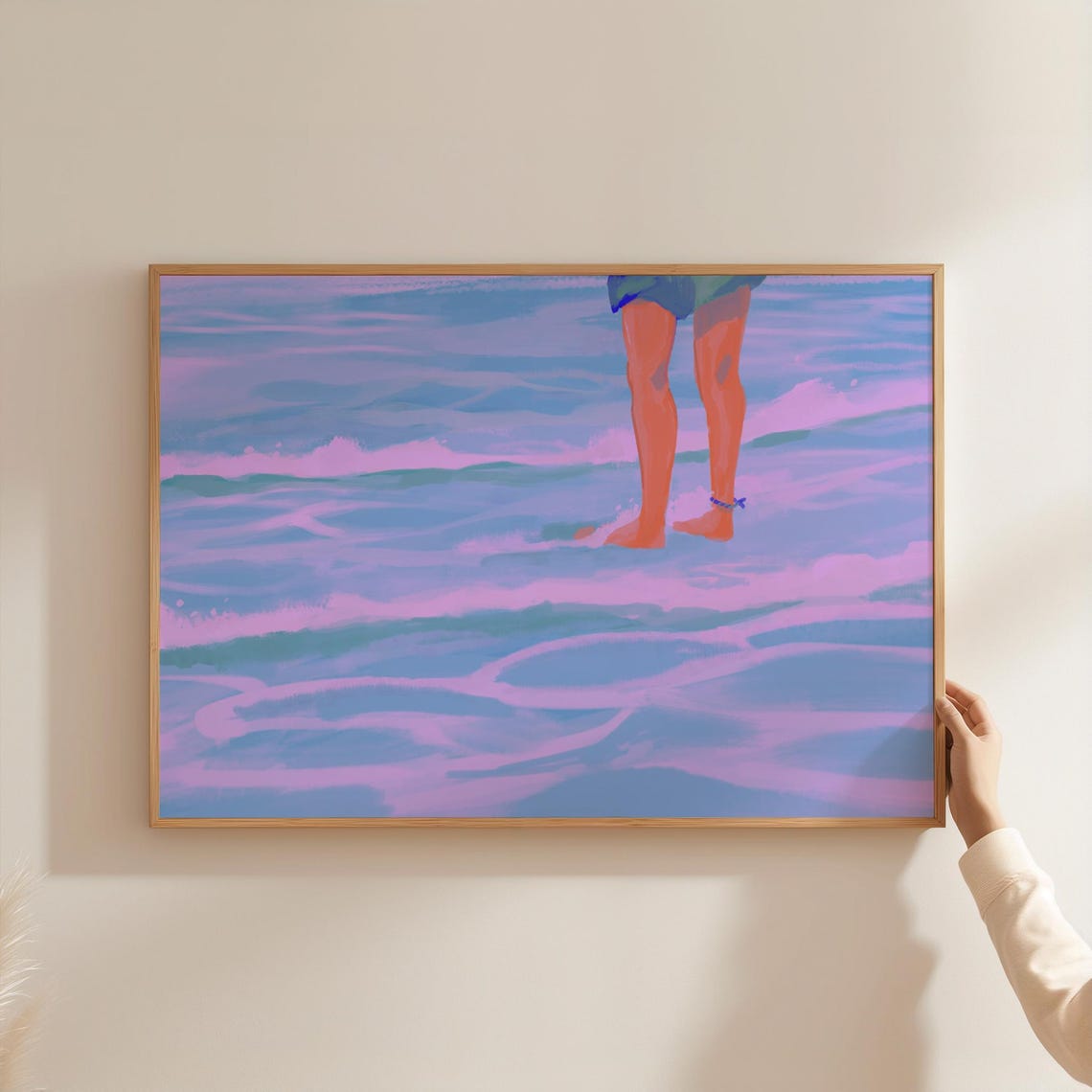Dreamy Pink Blue Ocean Waves Wading Legs Summer Beach Art Poster