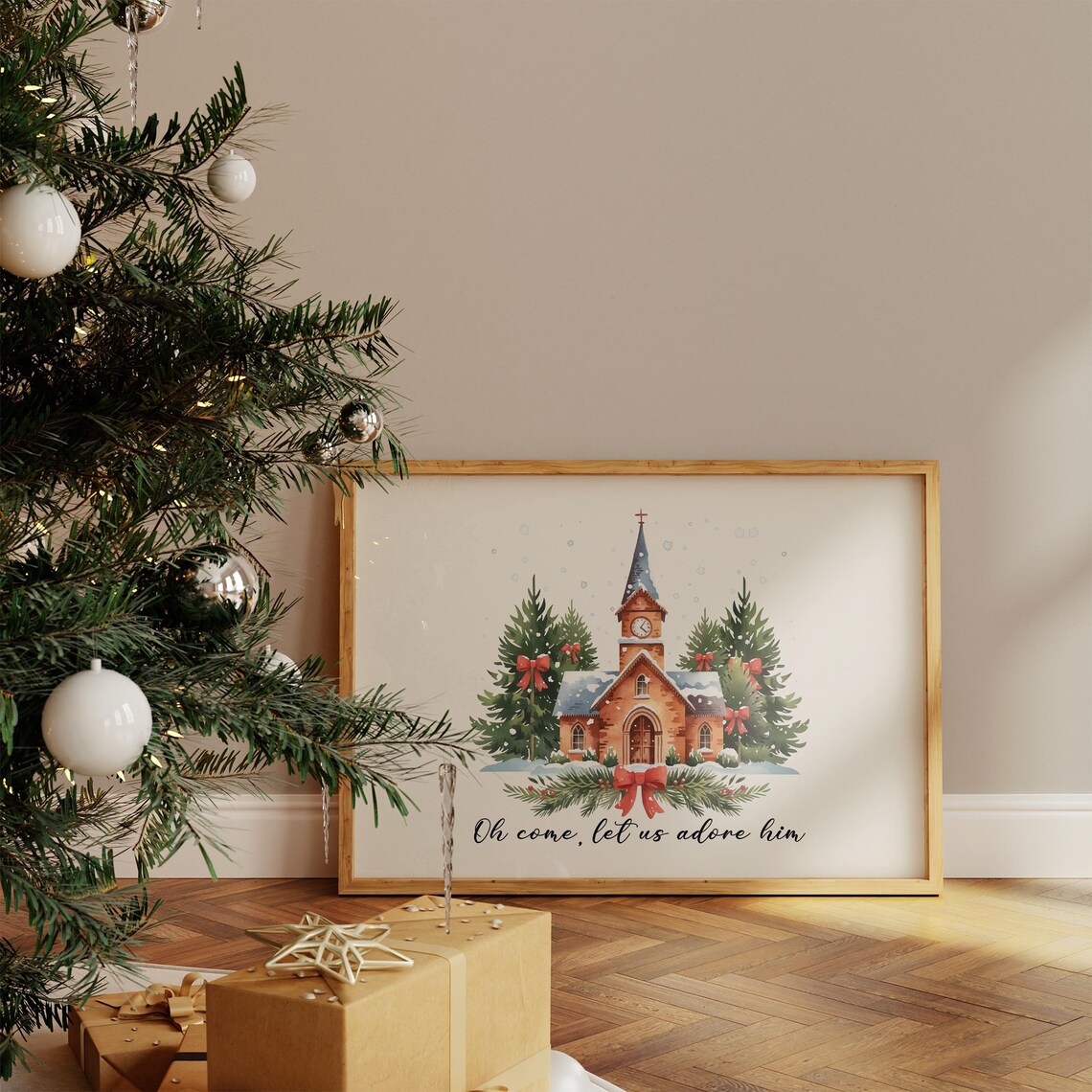 Oh Come Let Us Adore Him Snowy Christmas Chapel Watercolor Poster - Image 2