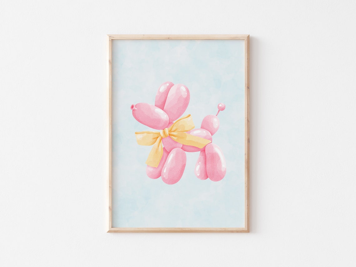Pink Balloon Dog with Yellow Bow Preppy Coquette Aesthetic Poster - Image 3