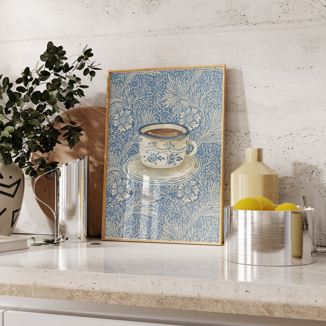 Vintage Coffee Cup On Blue Floral Pattern Retro Kitchen Wall Poster - Image 2