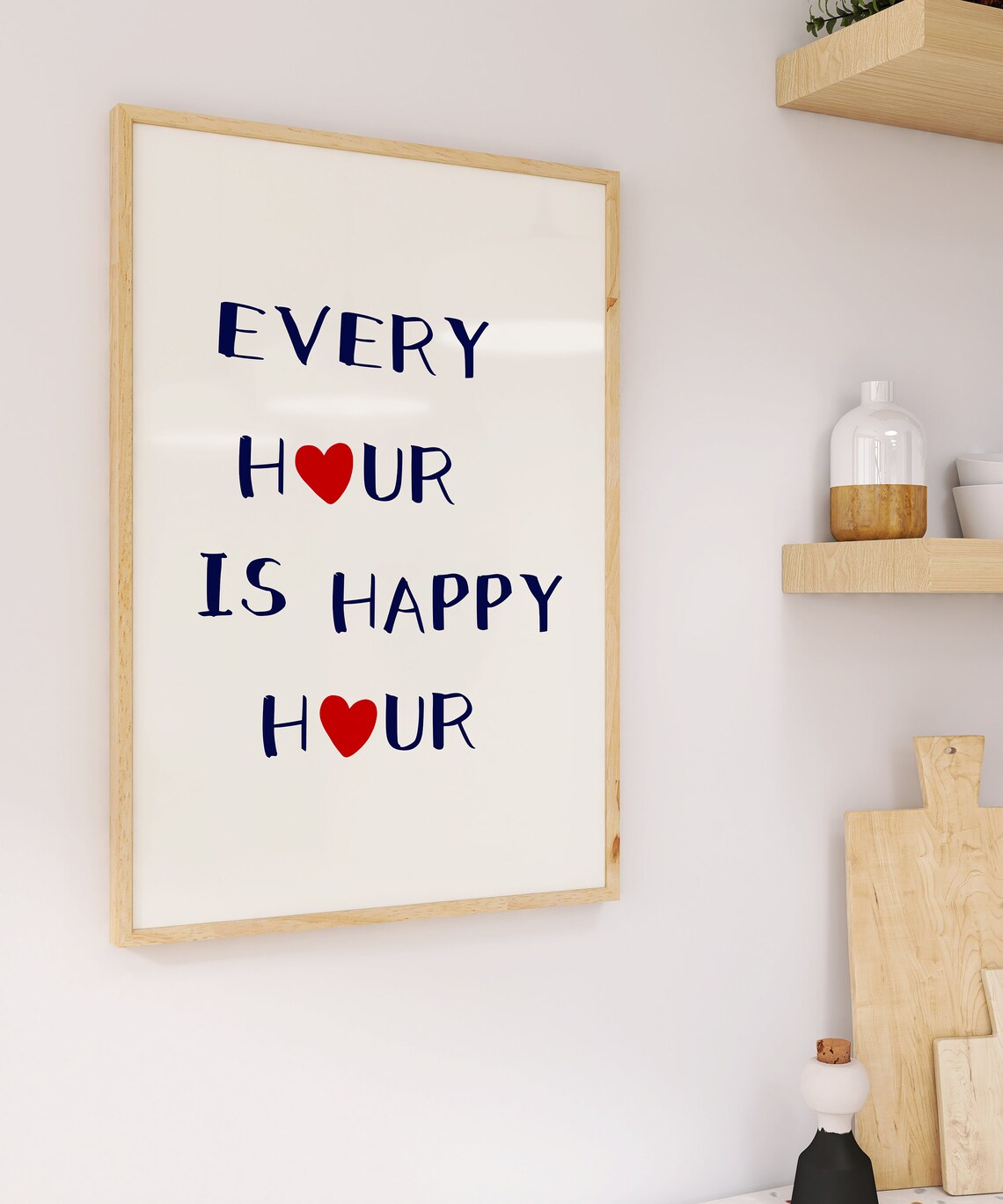 Every Hour Is Happy Hour Navy And Red Heart Bar Quote Poster - Image 2