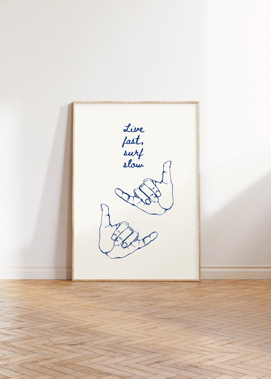 Live Fast Surf Slow Navy Shaka Hands Coastal Surf Quote Poster - Image 2