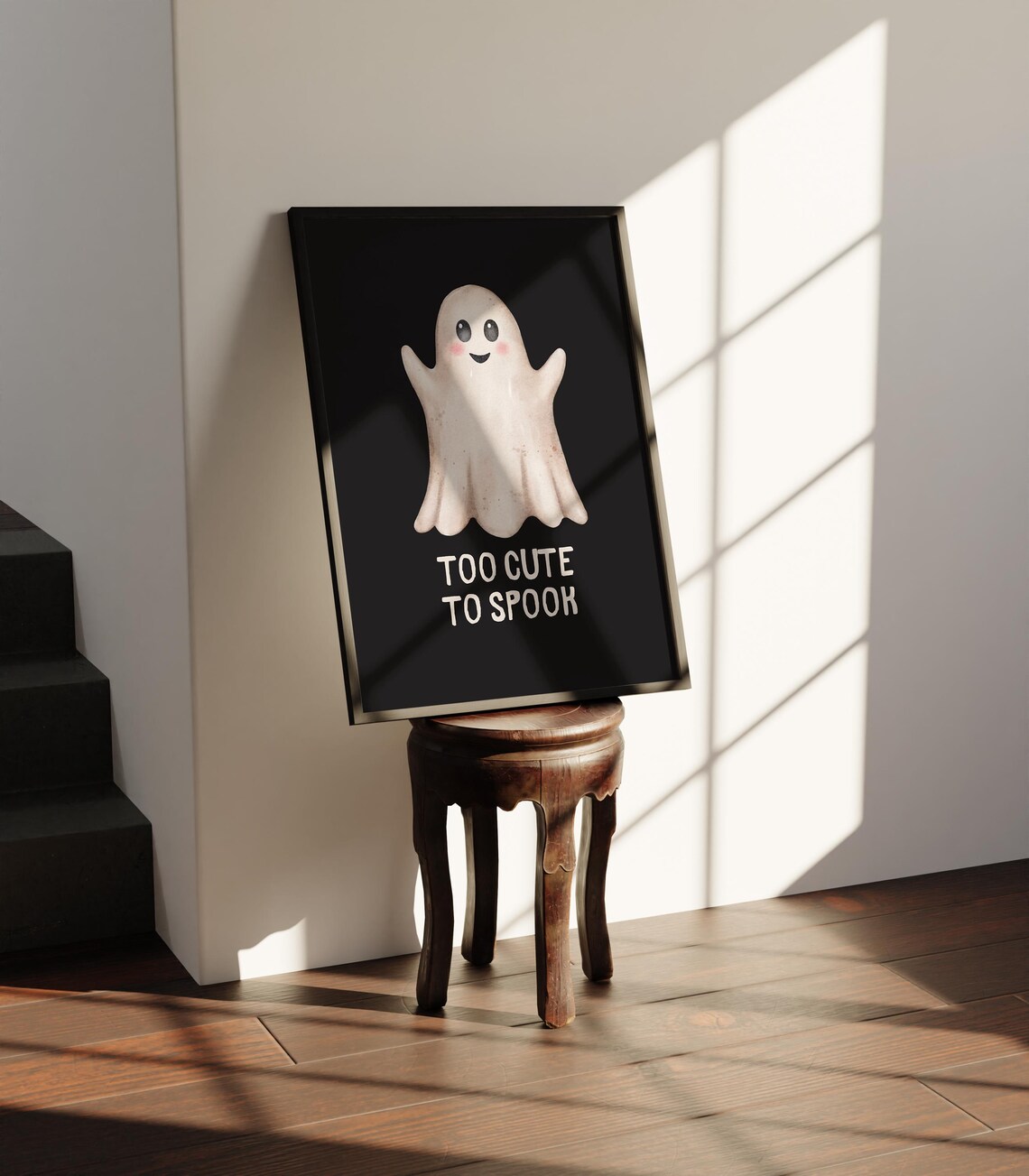 Too Cute to Spook Smiling Ghost Black Cute Halloween Quote Poster - Image 4