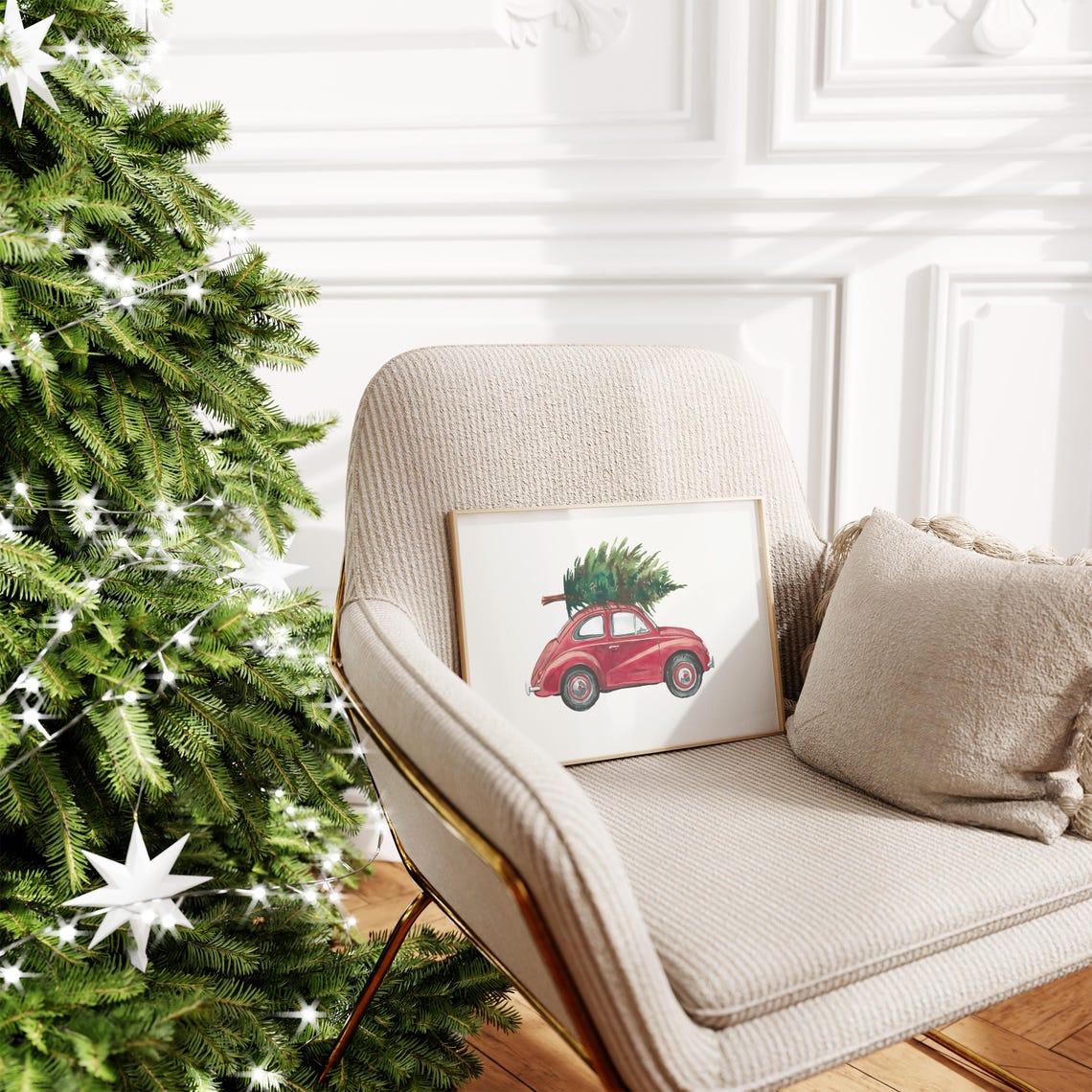 Vintage Red Beetle Car Carrying Christmas Tree Holiday Poster - Image 4