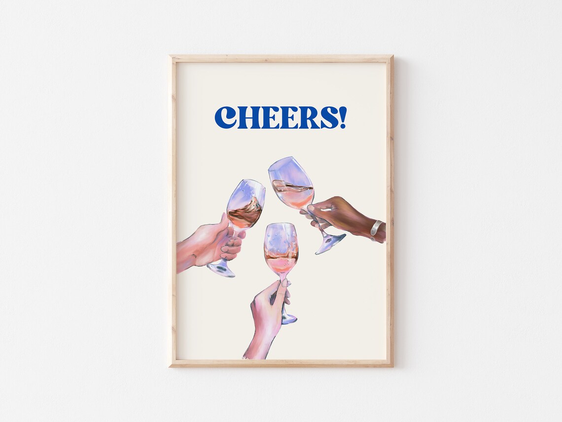 Cheers Blue Lettering Watercolor Rose Wine Toast Party Wall Art - Image 5