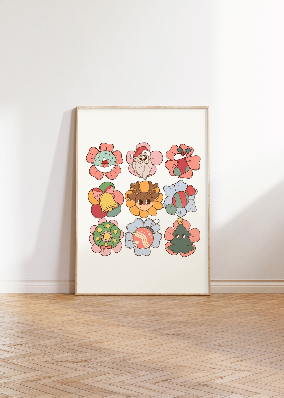 Groovy Retro Daisy Flowers With Christmas Icons Holiday Wall Poster - Image 3