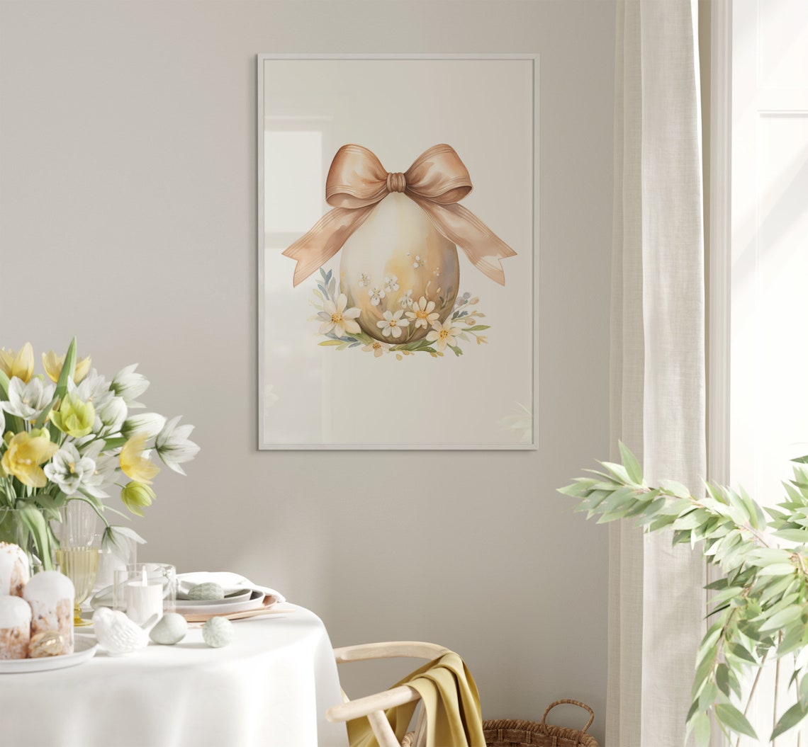 Champagne Gold Easter Egg With Satin Bow White Flowers Poster - Image 5