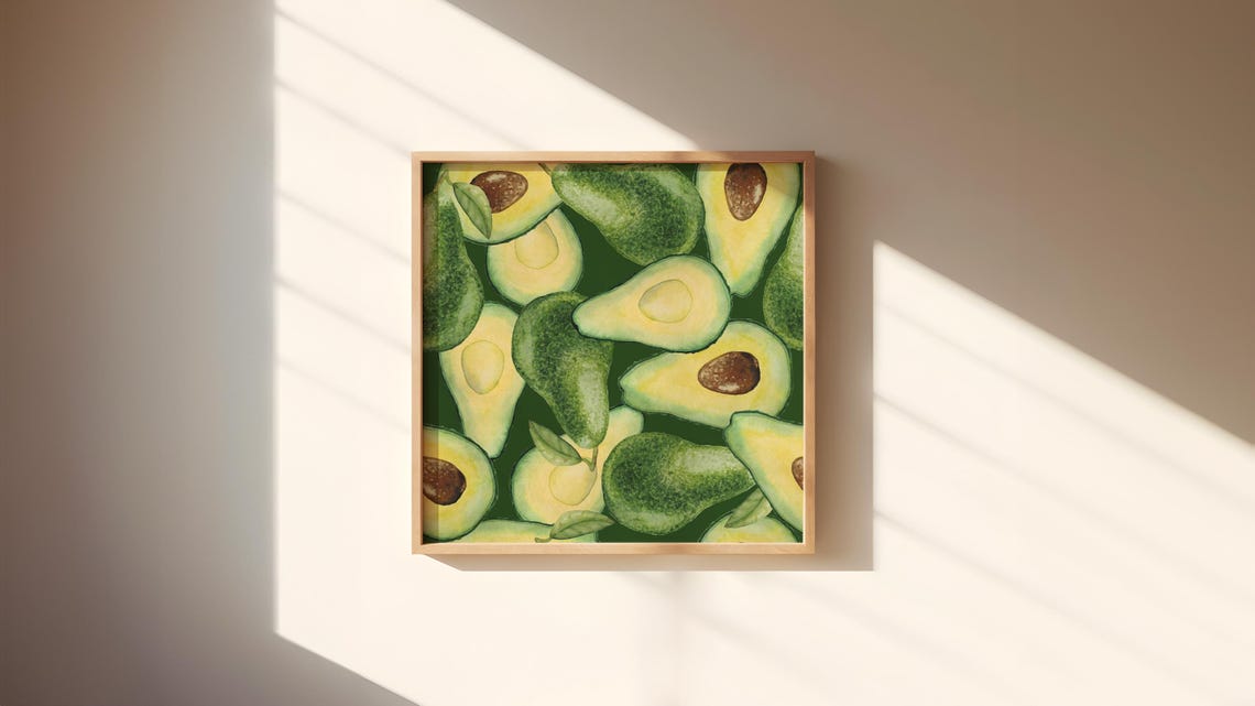 Watercolor Avocado Pattern Dark Green Fruit Kitchen Art Poster - Image 3