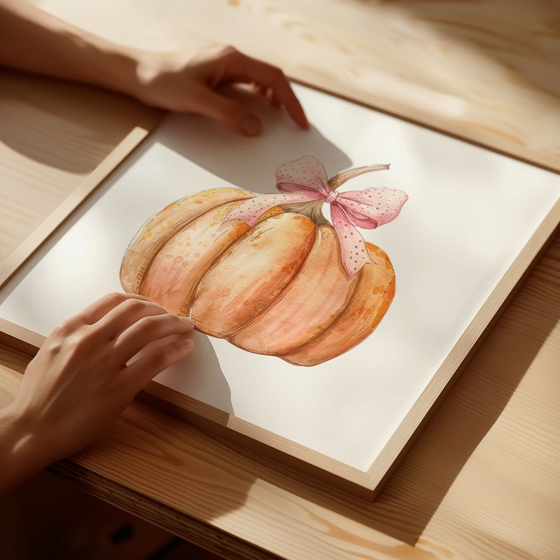 Peach Watercolor Pumpkin with Pink Polka Dot Bow Fall Decor Poster - Image 5