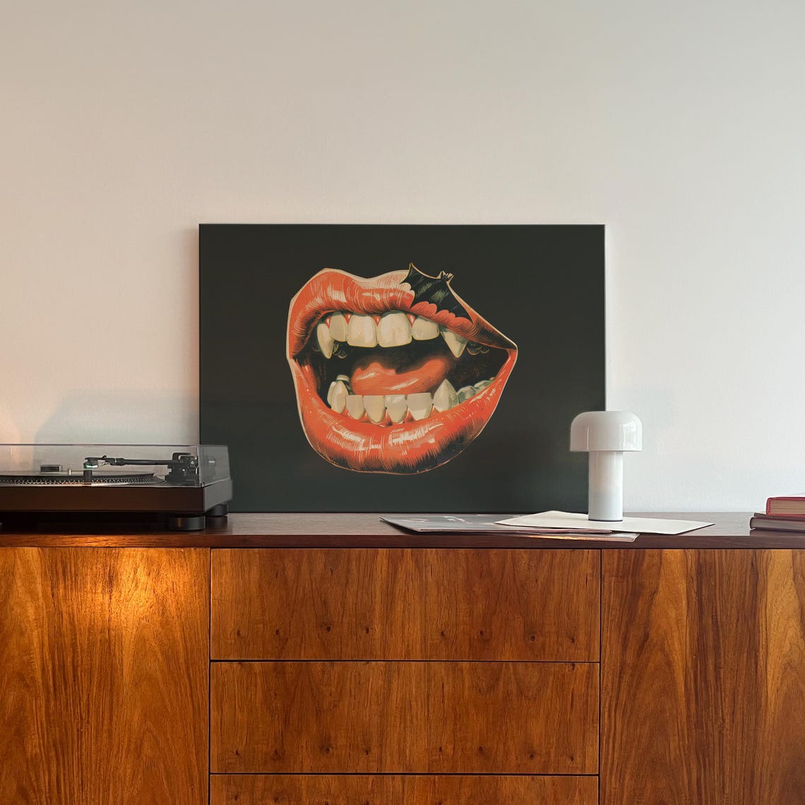 Red Vampire Lips With Fangs And Bat Retro Horror Halloween Poster - Image 3