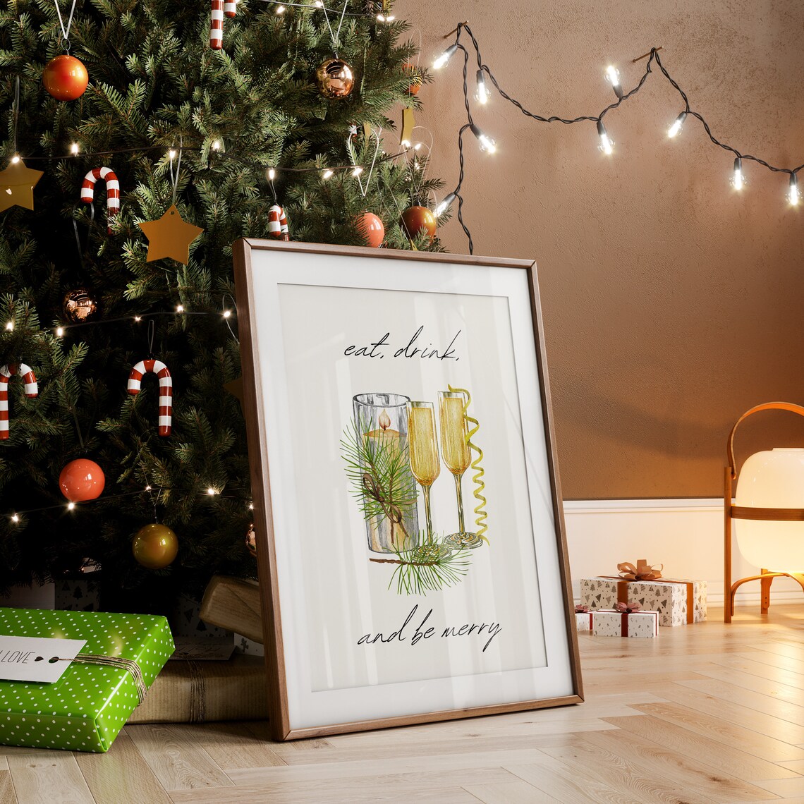 Eat Drink And Be Merry Champagne Candle Pine Watercolor Christmas Poster - Image 5