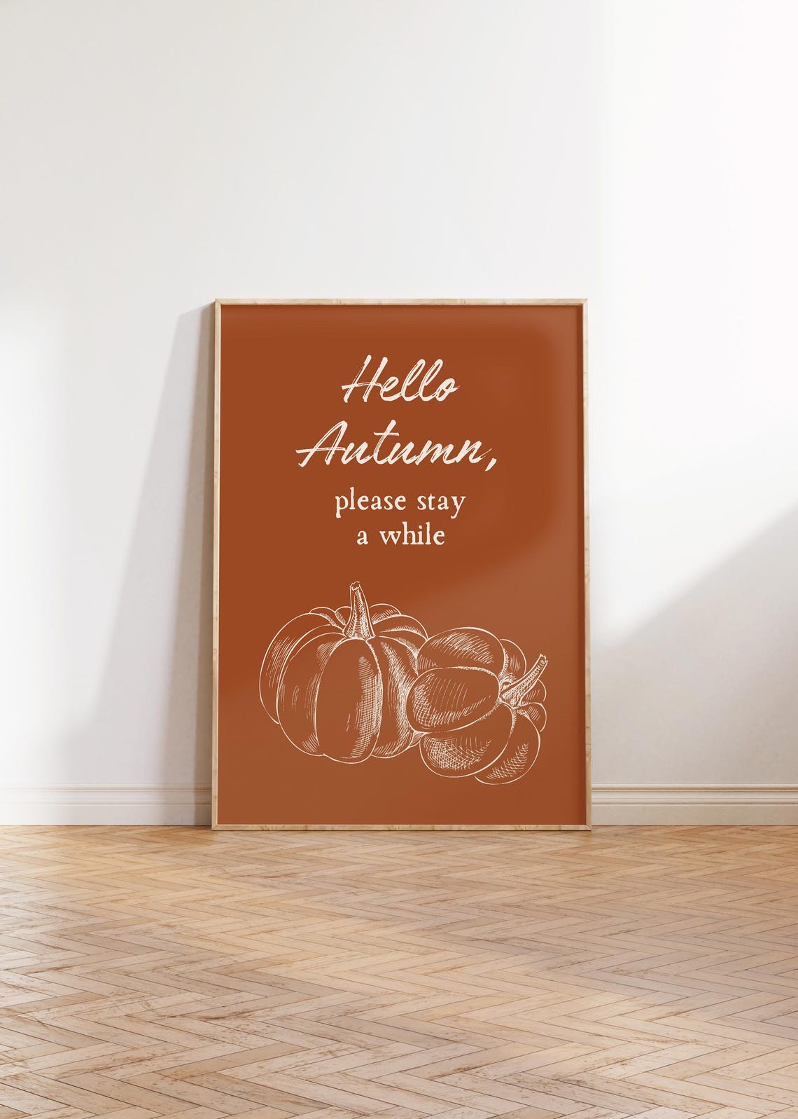 Hello Autumn Please Stay a While Rust Pumpkin Line Art Poster - Image 2