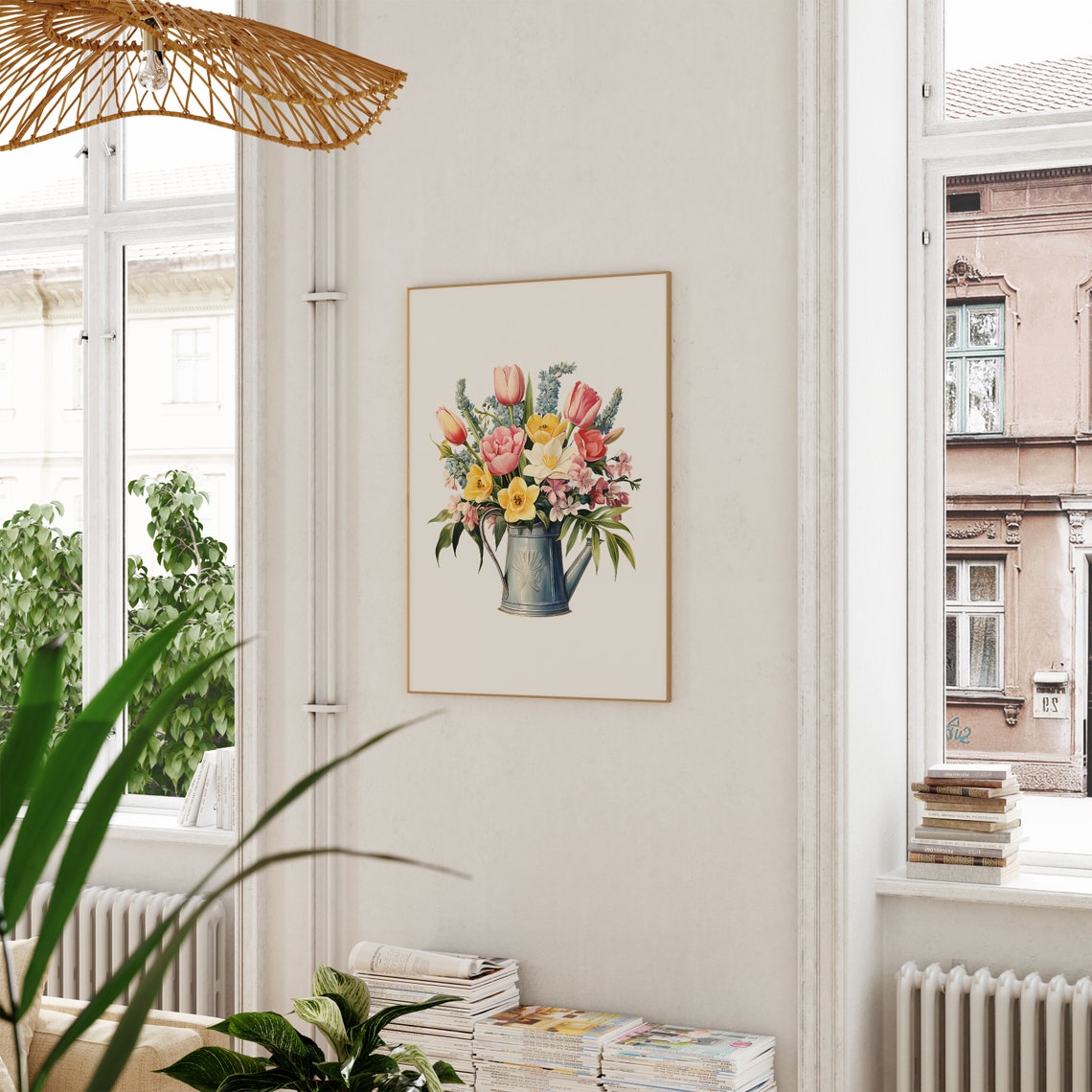 Garden Flowers In Blue Watering Can Spring Watercolor Flower Poster - Image 2