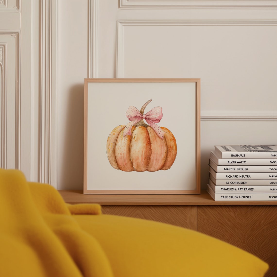 Peach Watercolor Pumpkin with Pink Polka Dot Bow Fall Decor Poster - Image 2