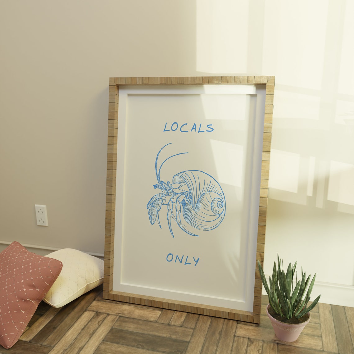 Locals Only Blue Hermit Crab Line Illustration Coastal Poster - Image 3